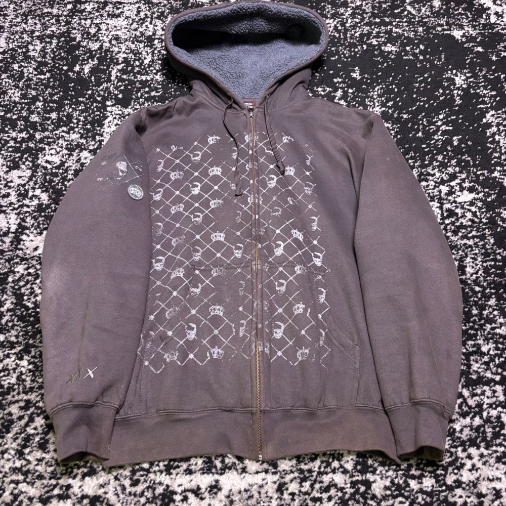 Burnside Mens Y2K Grunge Skulls Crowns Sherpa Lined Zip Hoodie Faded Brown Large